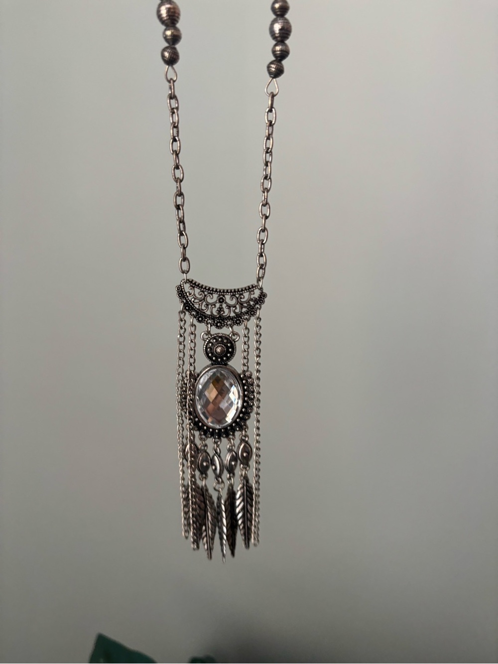 Boho Silver Crystal Fringe Pendant Necklace - Women Jewelry